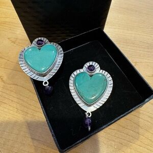 Echo of the Dreamer 925 Silver and Turquoise Heart Earrings with Amethyst Stones